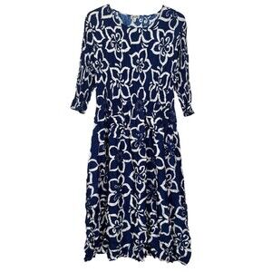 Alquema Size US 10-14 Smash Pocket 3/4 Sleeve Midi Dress Blue & White Floral
